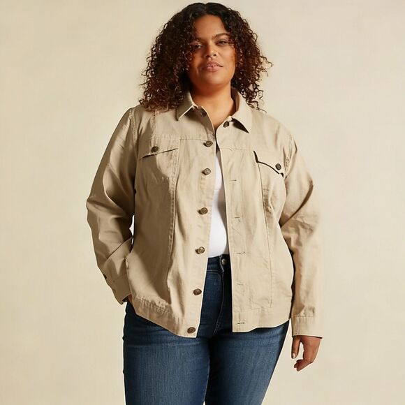 Lucy & Laurel 2X Plus Size 100% Linen Tan Utility Shacket Jacket - Picture 1 of 7